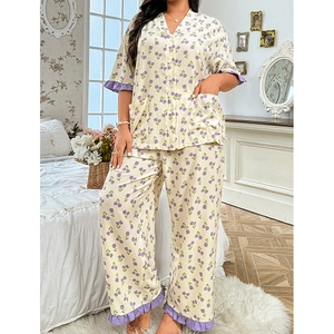 Women's V-neck waffle knit floral pajama set with short sleeve top and long pants
