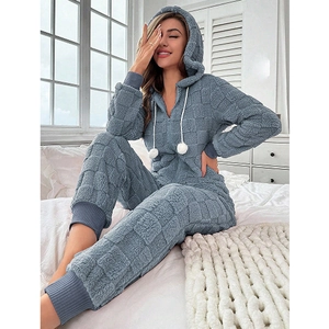 Women Thickened Coral Fleece Jumpsuit Pajamas Hooded One Piece Sleepwear With Checkered Pattern Soft Warm Winter Home Wear