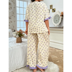 Women's floral cotton pajamas set with short sleeve top and long pants in cream and purple