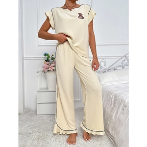Women Cute Bear Embroidered Pajama Set Contrast Piping Waffle Texture Round Neck Top And Bottom Casual Loungewear Sleepwear