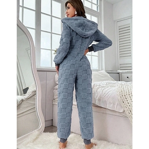 Women's light blue coral fleece onesie with checkered texture and warm hood for winter