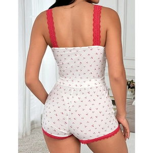 Set pigiama da donna con stampa a ciliegie, canotta e pantaloncini con pizzo rosso