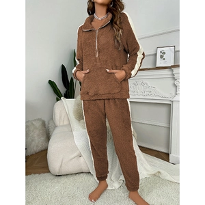 Cozy brown fleece pajama set with quarter-zip top and white side stripe detailing
