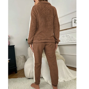 Brown fleece pajama set for women featuring white side stripes and cozy standing collar