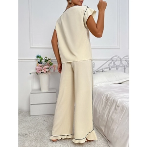 Cute bear pajamas set with waffle texture short sleeve top and ruffled trousers in cream
