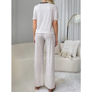 Ensemble pyjama femme à pois avec col rond en dentelle, haut et pantalon confortable
