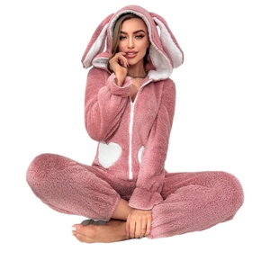 Pink coral fleece hooded jumpsuit pajamas with cute rabbit ears and white heart pockets