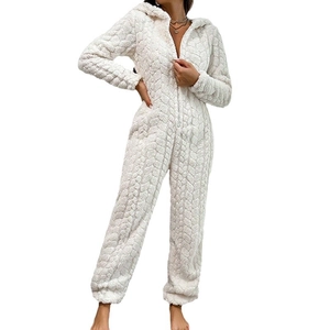 Cozy light beige coral fleece hooded jumpsuit with textured knit pattern and front zipper