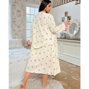 Floral print plus size loungewear set with lace trim and belted robe for women
