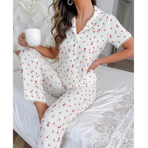 Women's 2-piece floral pajama set with short sleeve lapel top, lace trim and long pants