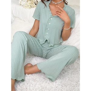 Elegant light green ribbed loungewear set with v-neck cardigan and ruffled trim long pants