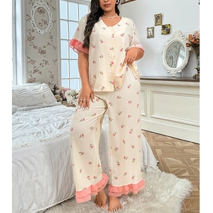 Women floral pajama set with short sleeve button shirt and ruffled long pants for sleepwear