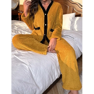 Women Thick Coral Fleece Pajama Set Warm Winter Loungewear V-Neck Button Down Top And Bottom Contrast Binding Sleepwear