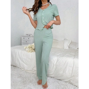 Mint green V-neck cardigan pajama set with ruffle trim and long pants in soft knit
