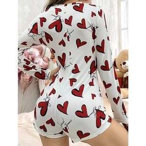 Women's V-neck long sleeve heart print romper with Just Yours text for home wear