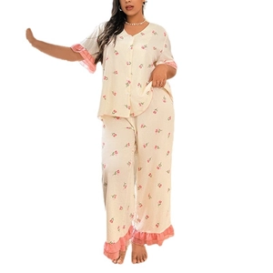 Women floral pajama set with V-neck short sleeve top and wide leg pants in summer style