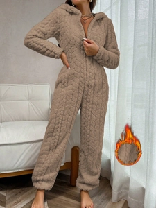 Camel coral fleece hooded jumpsuit in textured diamond pattern for warm loungewear