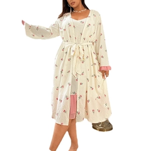 Floral plus size sleepwear set with lace trim and matching robe in light beige and pink