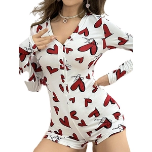 Women's V-neck long sleeve jumpsuit pajamas with red heart prints and Love script patterns