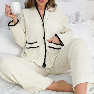 Women's V-neck long-sleeve pajama set with crinkle texture and black scalloped trim