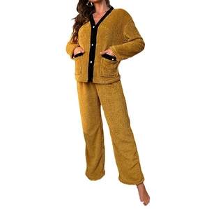 Women's yellow coral fleece pajamas set with contrast trim and button-down long sleeves