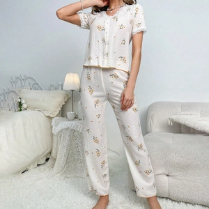 Women's V-neck lace floral pajama set with short sleeve button top and matching long pants