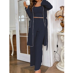 Three-piece navy blue loungewear set with white trim including robe, tank top, and pants