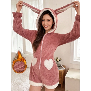 Women heart pattern coral fleece one-piece pajama with cute rabbit ears and hood