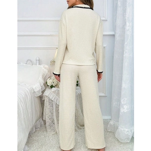 Elegant V-neck long sleeve lounge set with black contrast trim and textured fabric