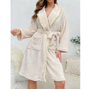 Women's fuzzy long-sleeved bathrobe with ruffle trim and waist tie in cream white