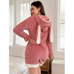 Pink heart-pattern fleece jumpsuit with bunny ears hood and soft white plush trim