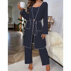 Three-piece navy blue loungewear set with white piping, long robe, tank top and trousers