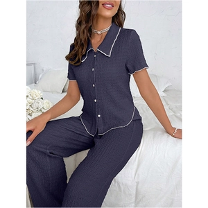 Women's 2-piece dark blue textured pajama set with button-down shirt and long trousers