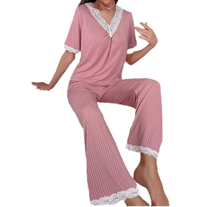 Women's pink striped pajama set with V-neck, lace trim, short sleeves, and matching pants