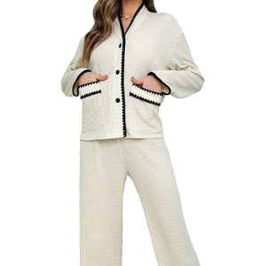 Women's V-neck pajama set with contrast scallop trim and waffle texture in cream white