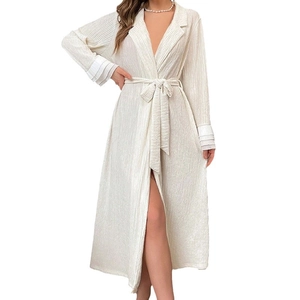 Elegant cream white pleated robe for women with long sleeves and lace textured details