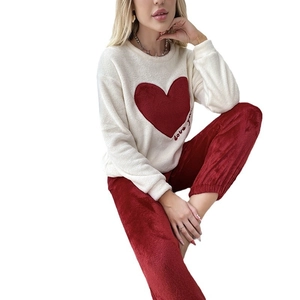 Women's heart coral fleece pajama set with cream love sweatshirt and red pants