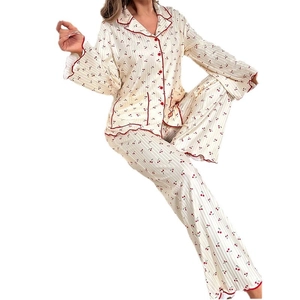 Sweet cherry print pleated pajama set with long sleeves and red piping trim for women
