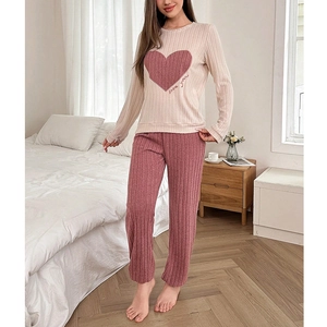 Pink rib-knit pajama set with love heart embroidery and rose pink trousers