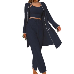 Navy blue three-piece knit pajama set with camisole, trousers and long belted cardigan
