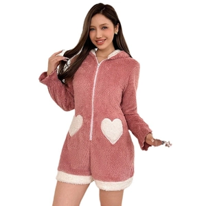Pink heart-patterned coral fleece one-piece loungewear with cute rabbit ears and zipper
