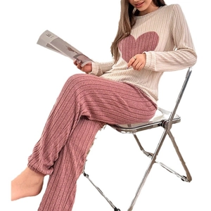 Women heart pattern long sleeve pajama set with rib-knit fabric and pink elastic pants