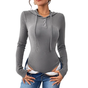 Women's slim fit grey ribbed knit long sleeve hooded bodysuit with button neckline