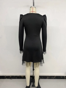 Detail view of square neck puff sleeves and mesh拼接 design on a black A-line dress