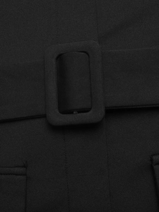 Close-up of elegant black fabric belt featuring a rectangular fabric-covered buckle detail