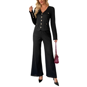 Elegant women's black ribbed knit set with V-neck cardigan and wide-leg trousers