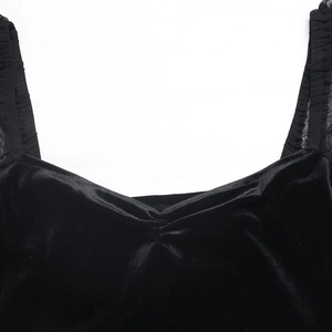Detail of square neckline with velvet fabric and sheer mesh puff sleeves texture