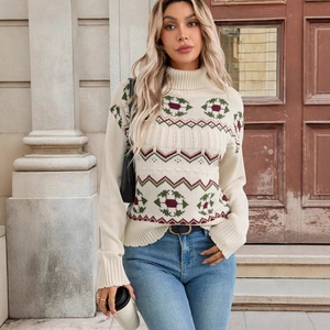 Winter turtle-neck knit sweater with ethnic jacquard patterns and cream-white finish
