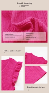 Détails de la robe rose sans manches montrant la texture plissée et les manches à volants