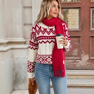 Women Vintage Christmas Fair Isle Jacquard Pullover Sweater Round Neck Cable Knit Long Sleeve Winter Warm Loose Knitwear